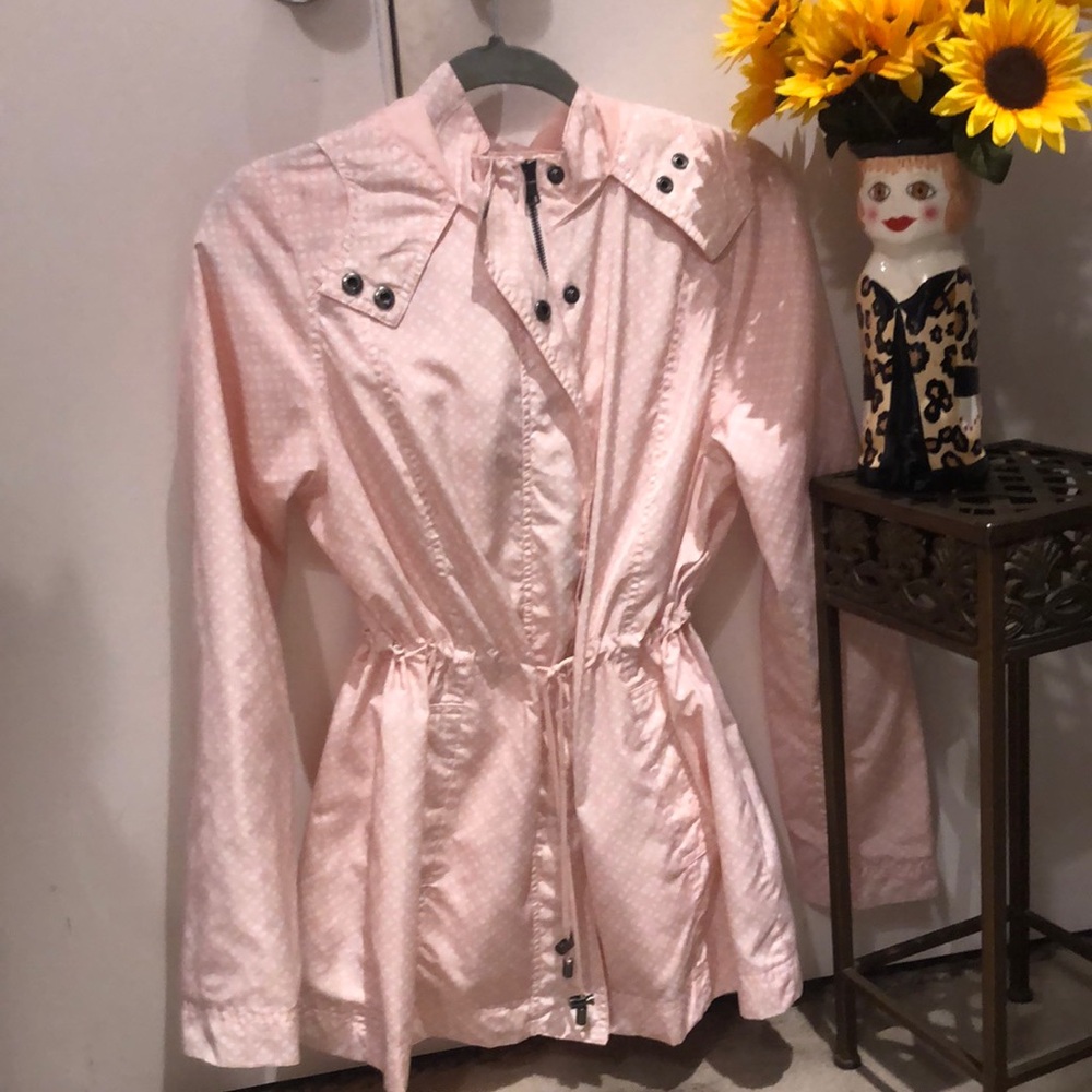 adorable, pink raincoat!!  stylish w a drawstring waist pleat attached hood. M.
